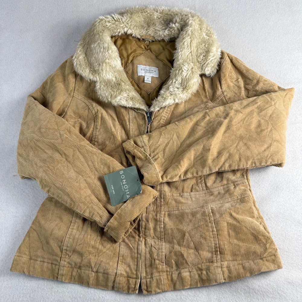 Sonoma Life Style Womens Tan Corduroy Faux Fur Collar Quilted Jacket Size M NEW